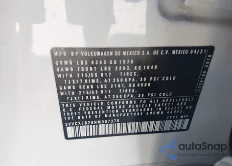 2022 Volkswagen Taos 1.5T S из США, поврежденный, VIN 3VVCX7B28NM007378